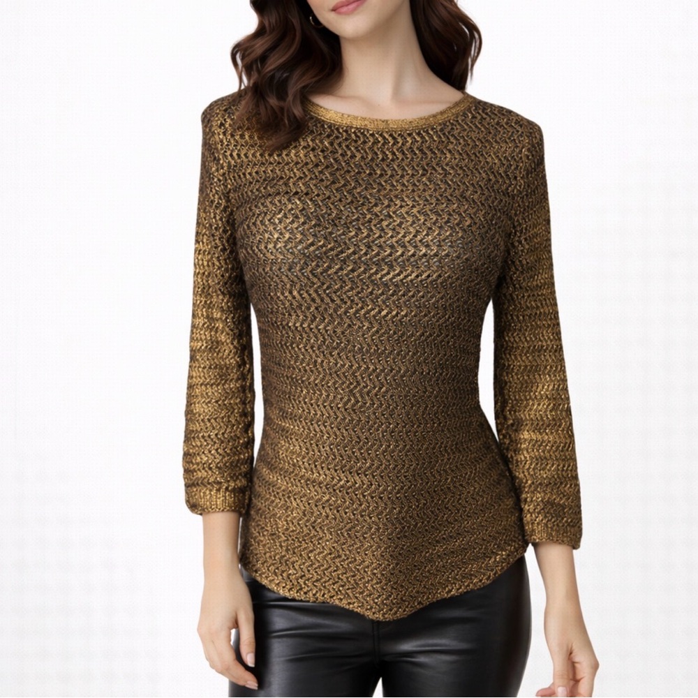 Chicos Sweater Top 0 XS Penny Bronze Metallic Cotton Open Weave NEW NWT
